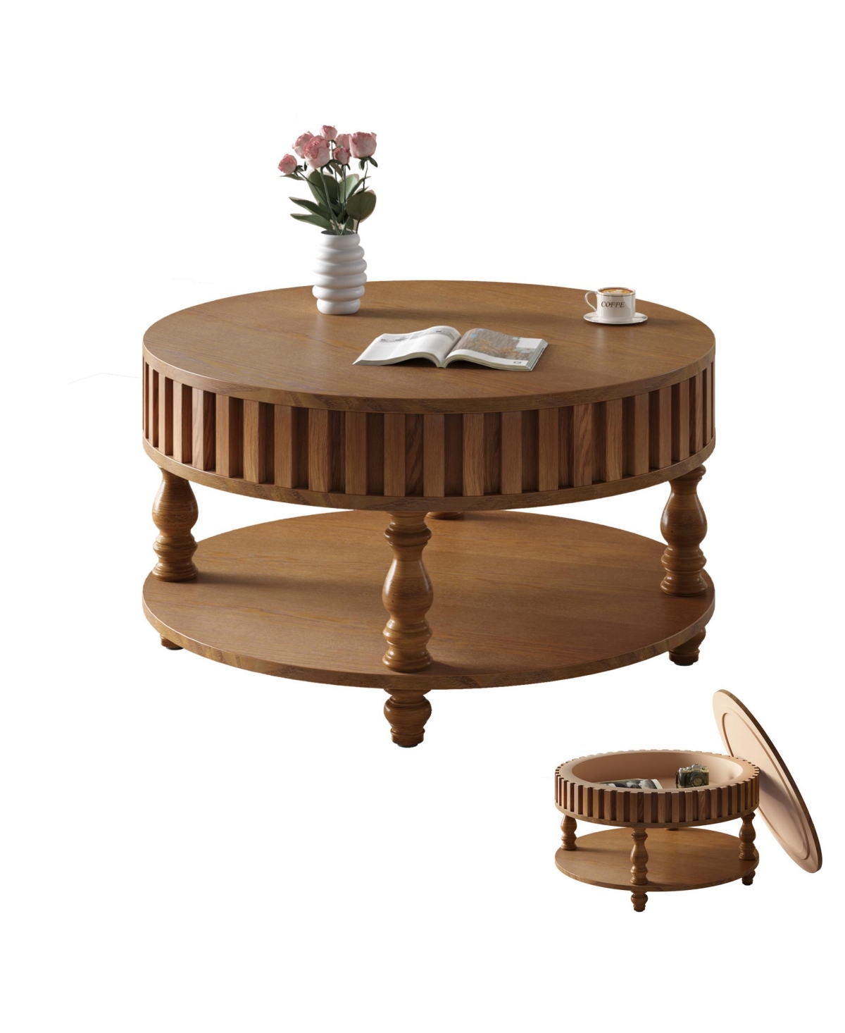 Rainsken 31.5" Farmhouse Coffee Table, 2-Tier Wood Center Table with Storage, Flip-Top Lids and Fluted Trim for Living Room, Apartment and Office - Wa