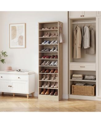 10-Tiers Tall Shoe Cabinet with Hooks, Entryway Shoe Storage Organizer