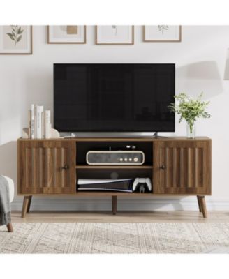 55-inch wooden TV cabinet, with 2 Fluted Doors and Adjustable Storage Shelves, Entertainment Center Media Console, for Living Room, Bedroom