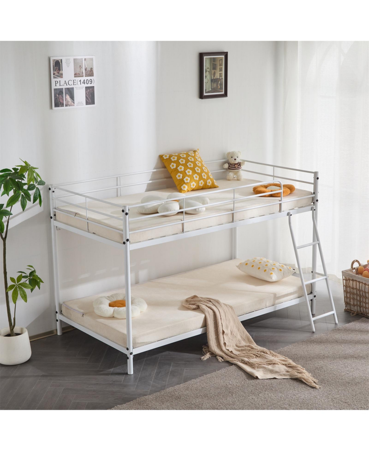 Slickblue Twin Size Metal Bunk Bed with Ladder and Full-Length Guardrails