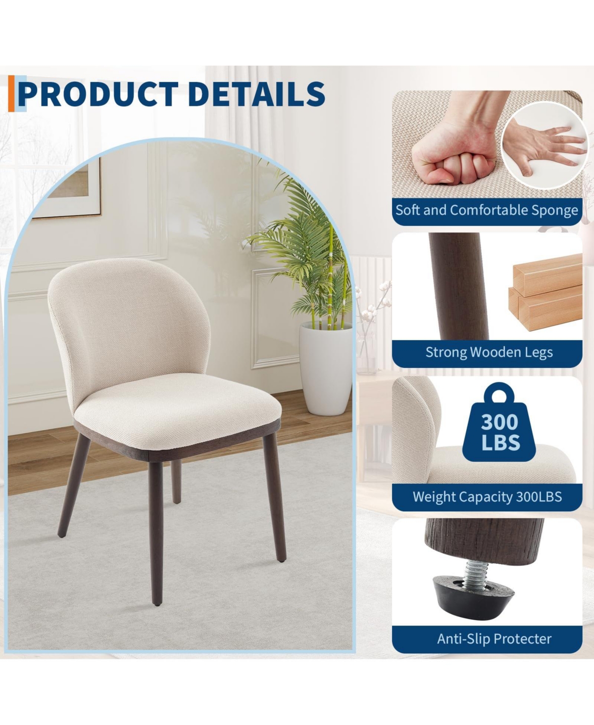 homfan Modern Upholstered Dining Chairs Set of 4, Armless Polyester Seats, Wooden Legs, Accent Side Chairs for Kitchen, Dining Room, Office