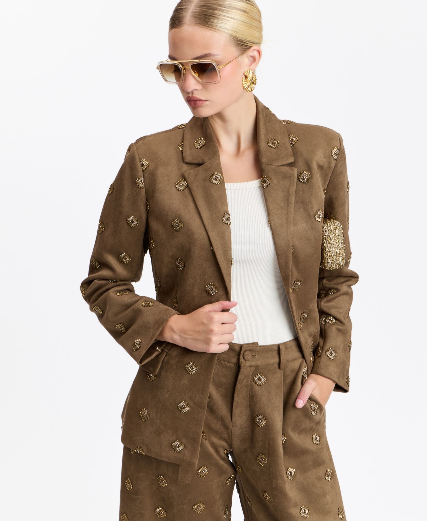 Женский пиджак Avec Les Filles Hourglass Embellished Fitted Blazer, цвет: Коричневый — фото 7