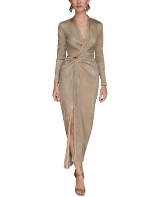 Petite Metallic Long-Sleeve Wrap Dress