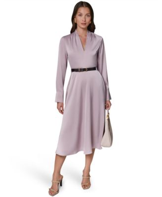 Women's Long-Sleeve Satin Belted Midi Dress