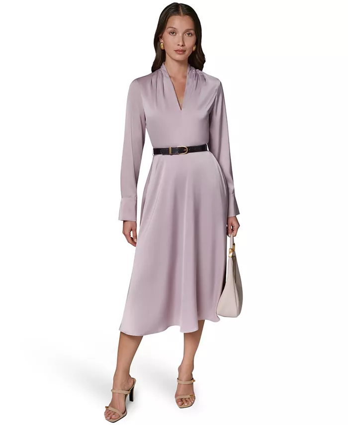 Women's Long-Sleeve Satin Belted Midi Dress