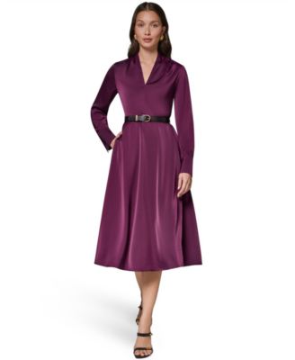 Women's Long-Sleeve Satin Belted Midi Dress