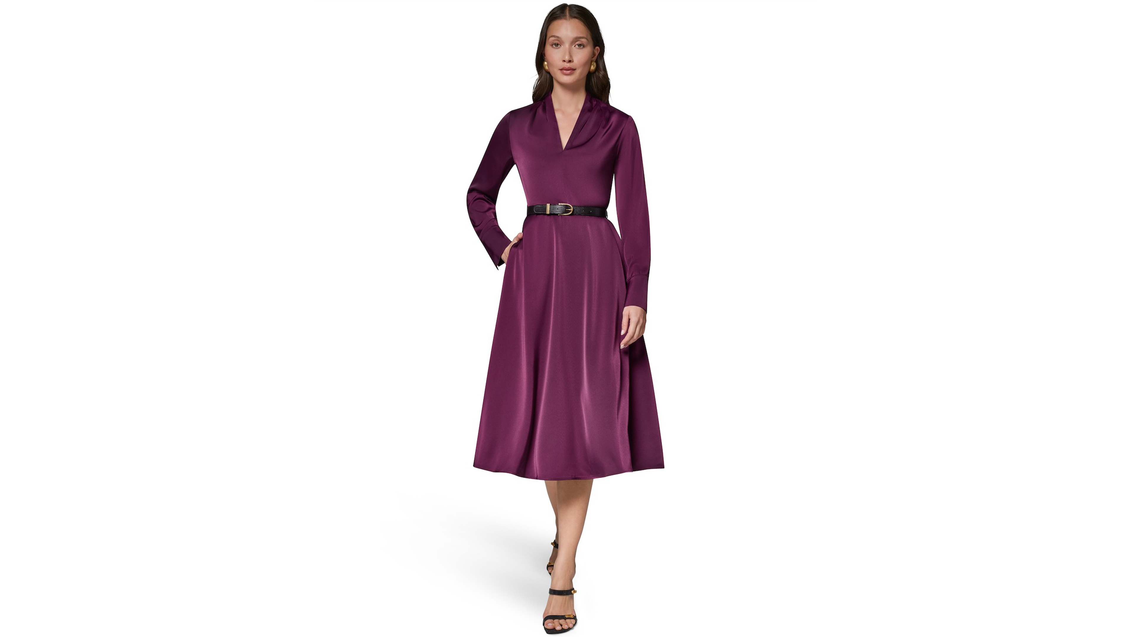 Donna Karan New York Women's Long-Sleeve Satin Belted Midi Dress