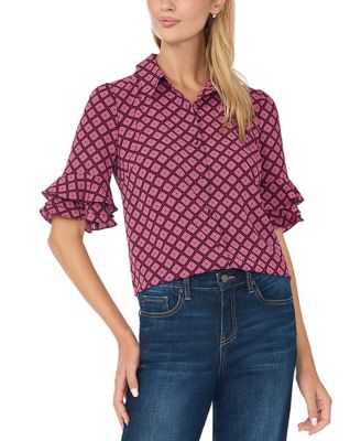 Women's Collared Button Up With Ruffle Sleeve Opening Geometric-Print Blouse