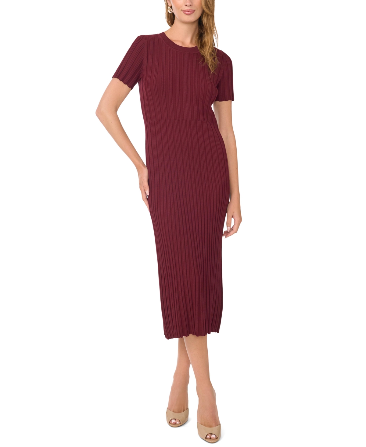 1.state Women's Short-sleeve Crewneck Ribbed Midi Dress In Red Beet