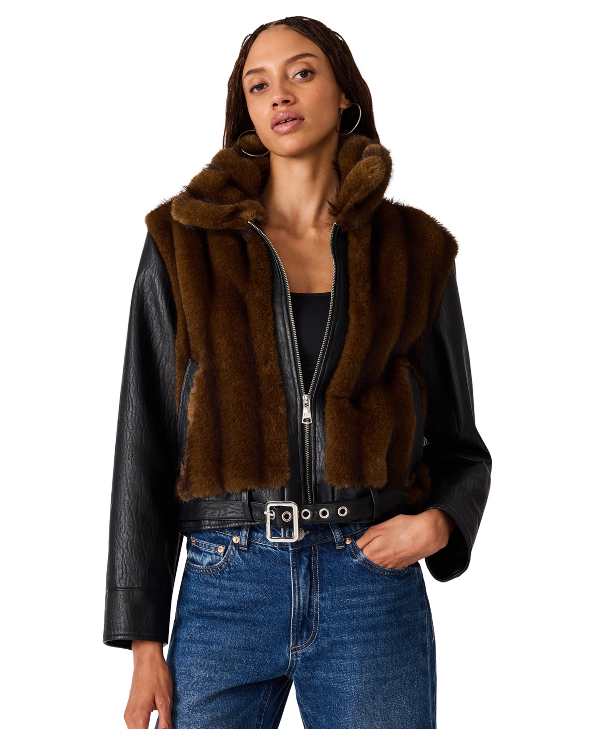 Steve Madden Women's Ryland Moto Mixed-Media Faux-Fur Jacket