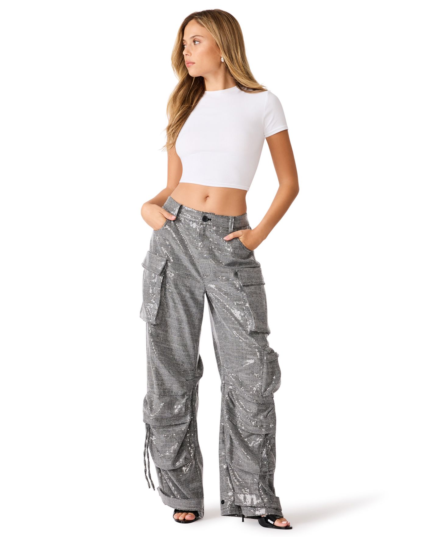 Женские брюки Steve Madden Duo Sequin Wide-Leg Cargo, цвет: Клетчатый — фото 2