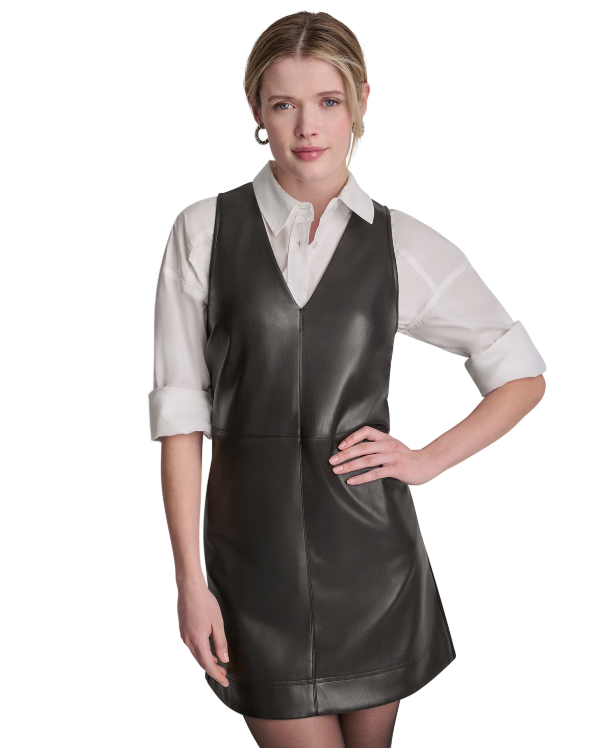 Dkny Jeans Women's Faux Leather Sleeveless V-Neck Mini Dress - Black