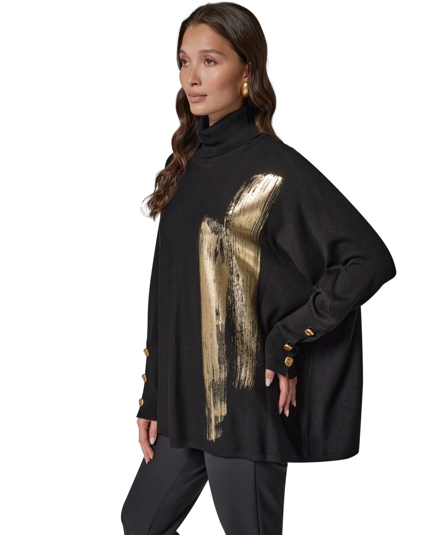 Женские свитеры Donna Karan New York Petite Oversized Metallic Paint-Print Turtleneck, цвет: Чёрный / Золотой разноцветный — фото 4