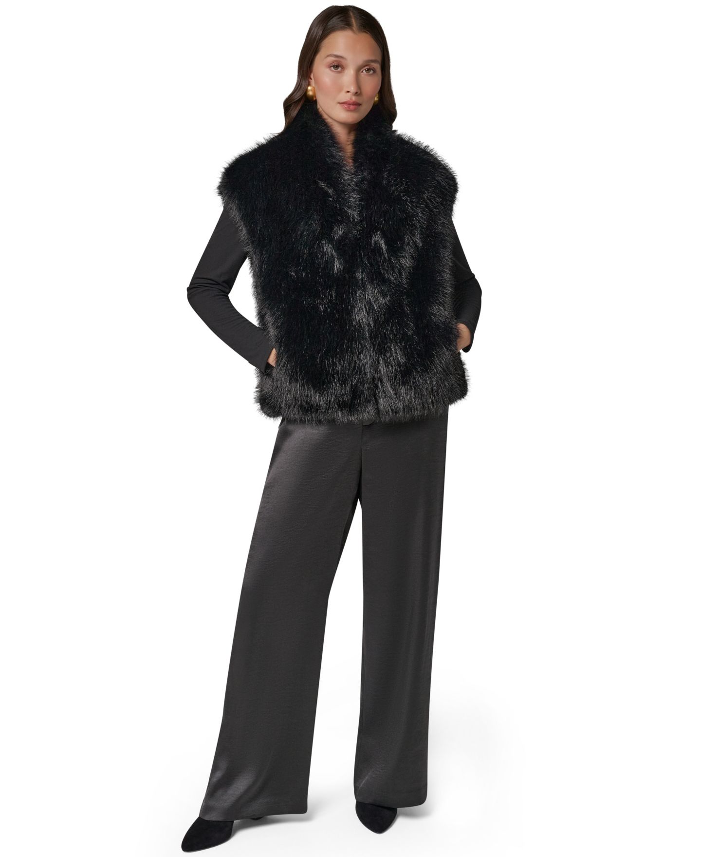 Женская куртка Donna Karan New York Petite Faux Fur Sleeveless Lined Vest, цвет: Чёрный — фото 2