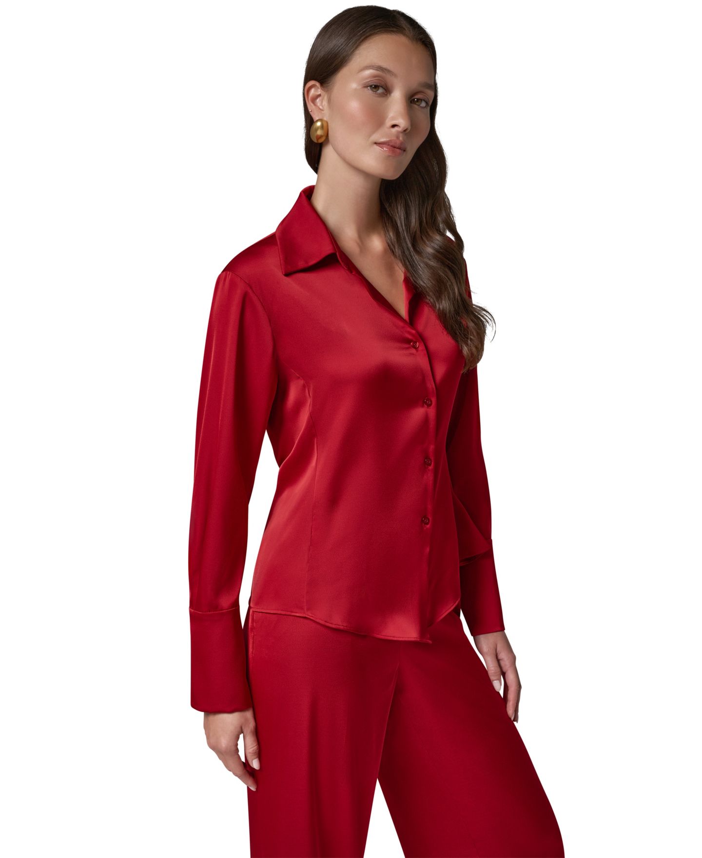 Женская атласная блуза Donna Karan New York с воротником и длинным рукавом, цвет: Красный бархатный — фото 14