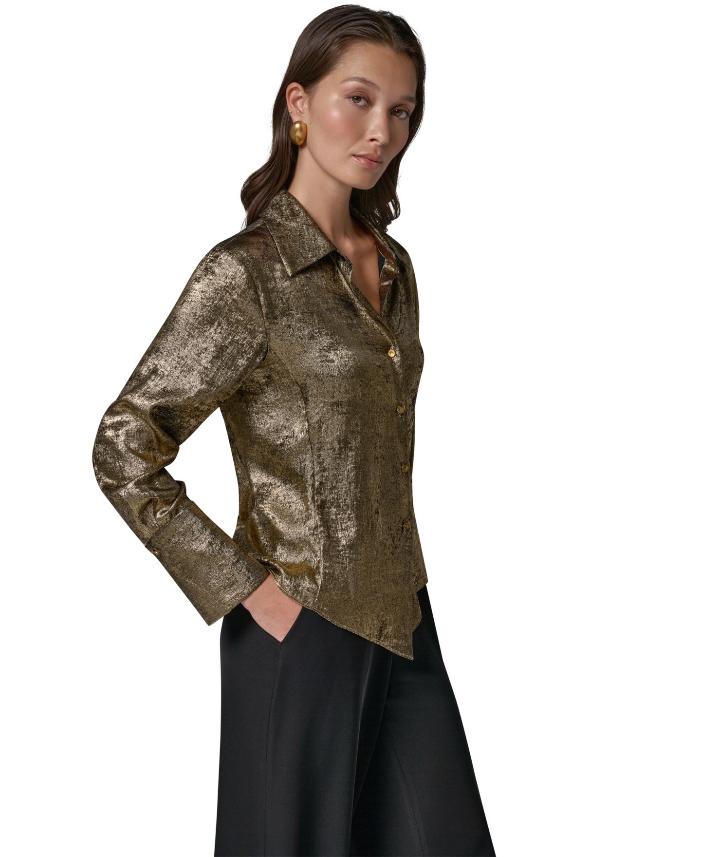 Женская блузка Donna Karan New York Petite Long-Sleeve Point-Collar Pointy-Asymmetrical-Hem Blouse, цвет: Золотой — фото 4