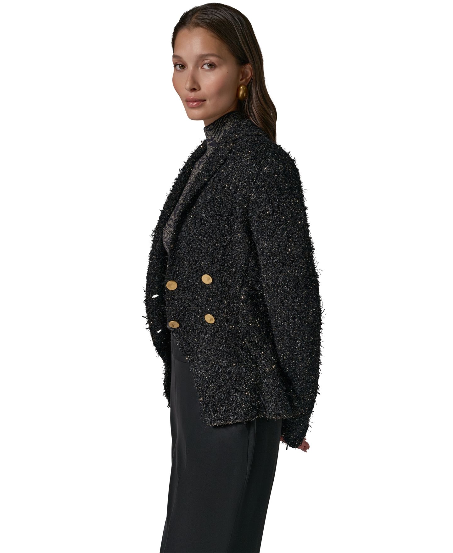Женский двубортный блейзер Donna Karan New York для невысоких с подплечниками, цвет: Чёрный разноцветный — фото 7