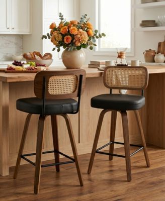 26" Mid-Century Swivel Counter Height Bar Stools, Rattan Back and Faux Leather Kitchen Stools