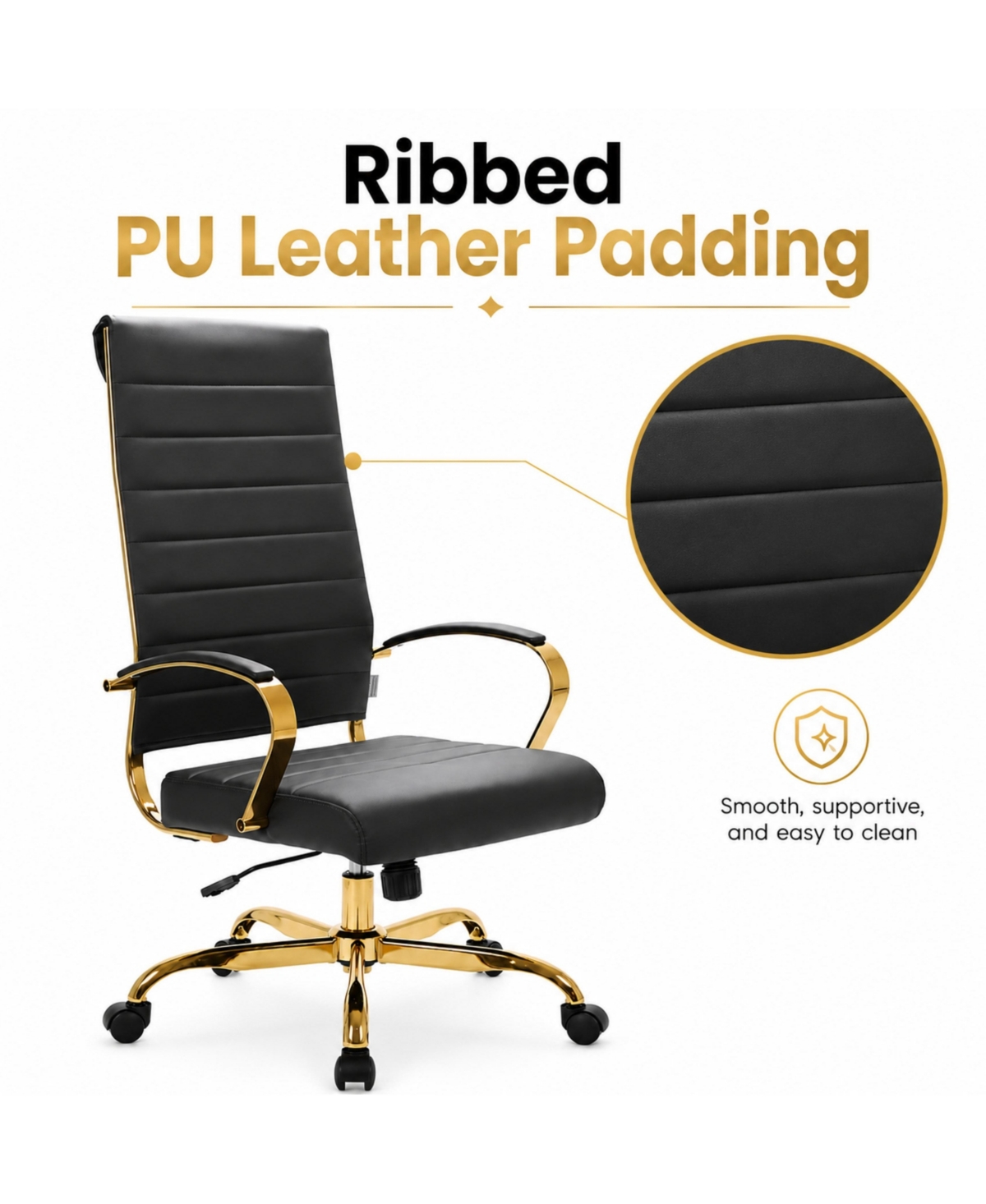 LeisureMod Benmar High-Back Leather Office Chair with Gold Accents, Adjustable Height, Swivel and Tilt Conference Desk