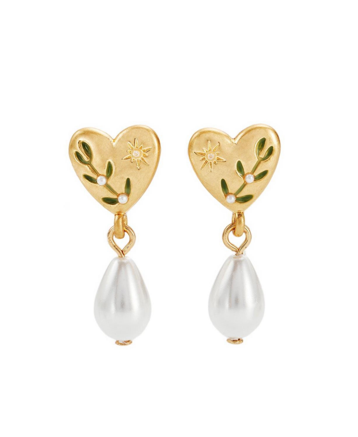 Fable England Niva Mistletoe and Pearl Earrings in Gold