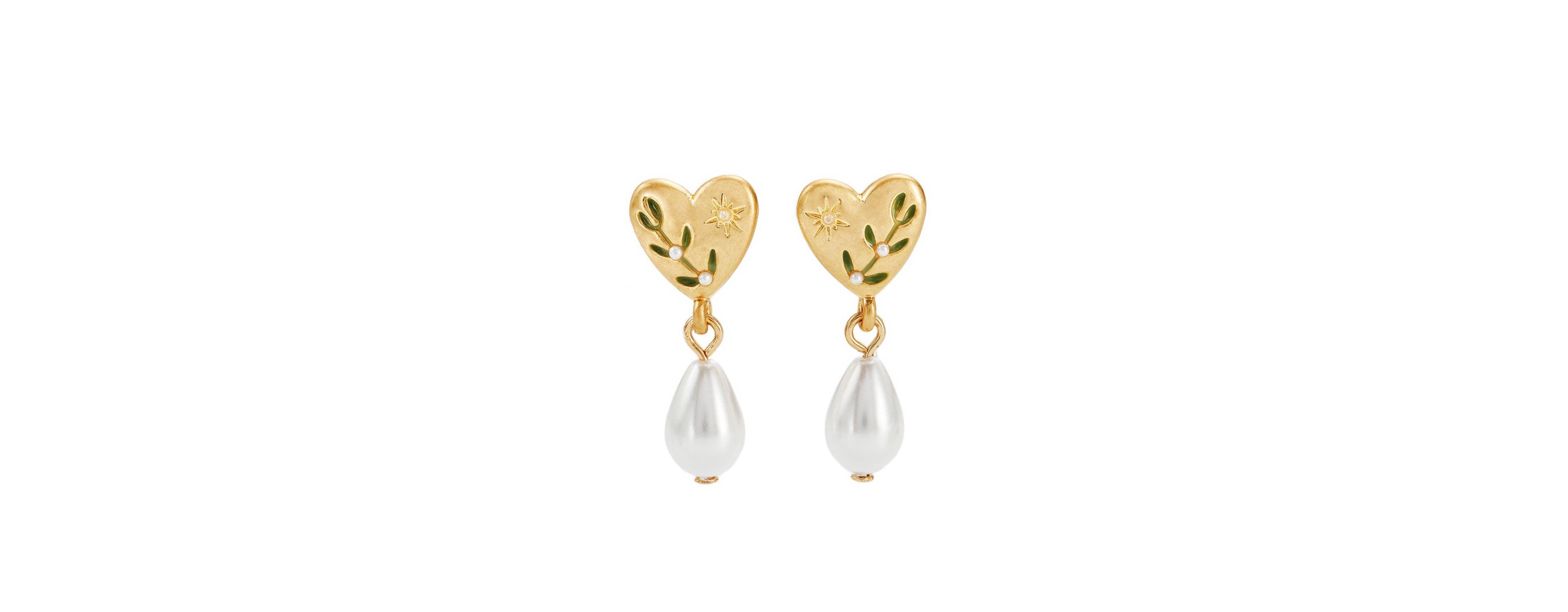 Fable England Niva Mistletoe and Pearl Earrings in Gold