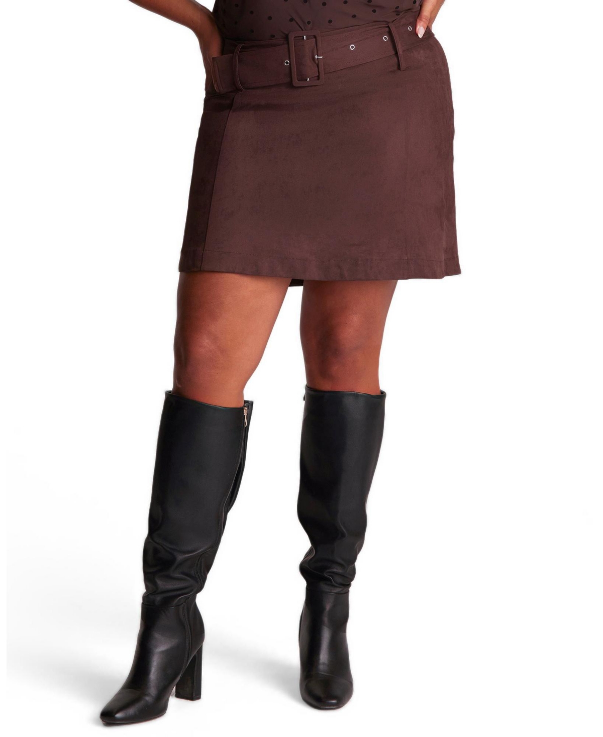 Estelle Plus Size Rowan A-Line High-Waisted Mini Faux Suede Skirt - Chestnut