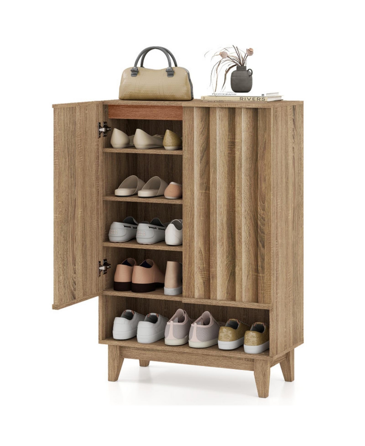 Gouun 6-Tier Shoe Storage Cabinet with 2 Fluted Doors and Removable Shelves