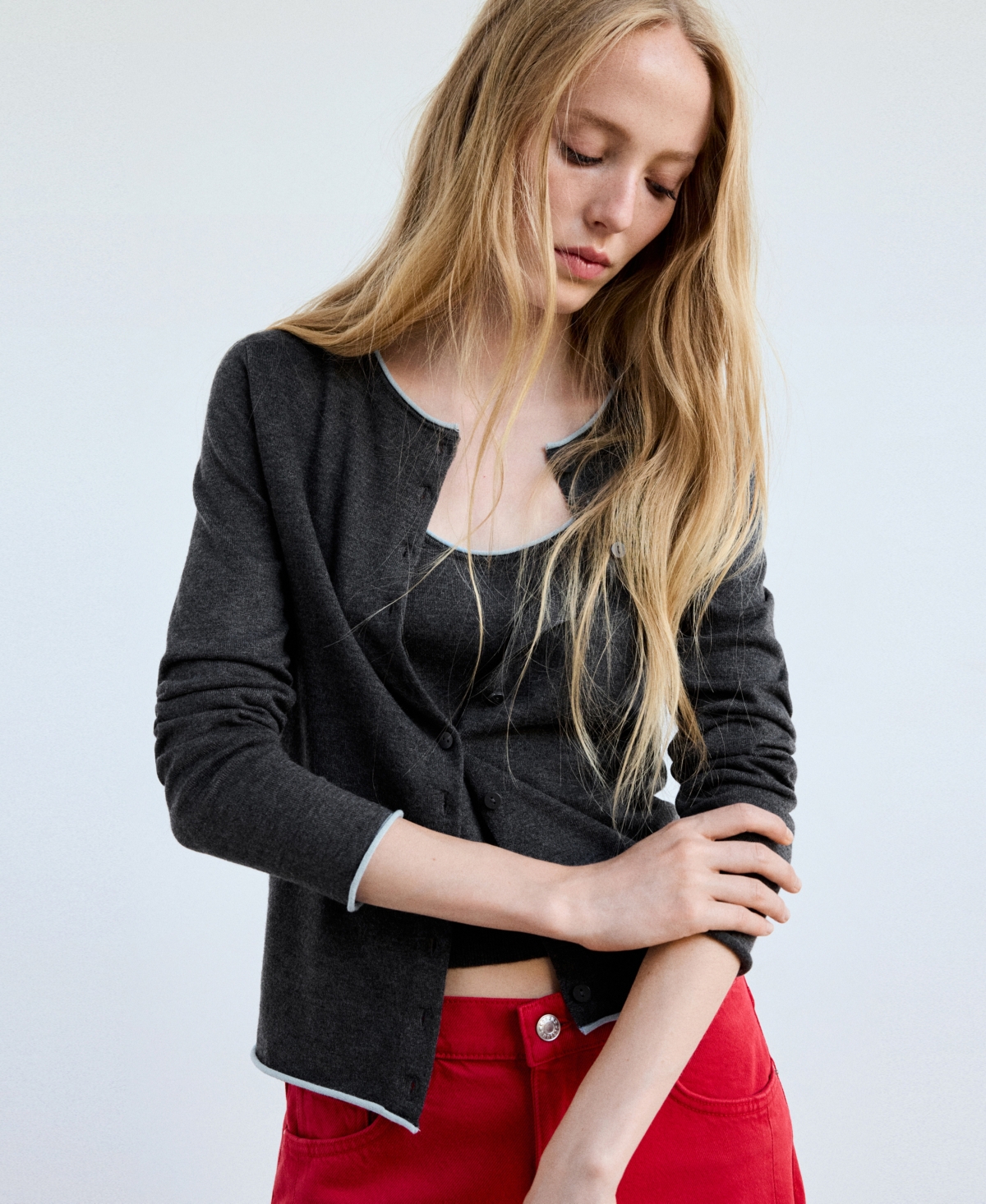 Mango Women's Contrast-Trim Crewneck Cardigan