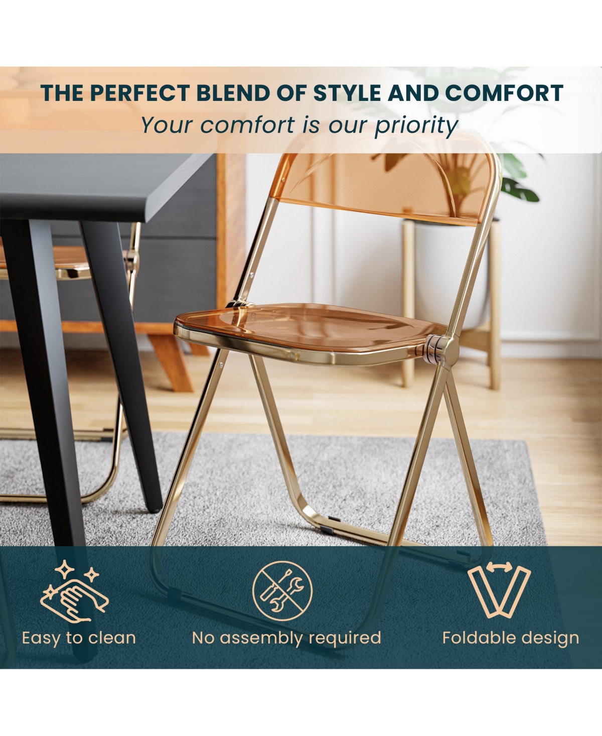 LeisureMod Lawrence Clear Acrylic Folding Chair, Modern Gold Chrome Frame, Fully Assembled Portable Dining Seat
