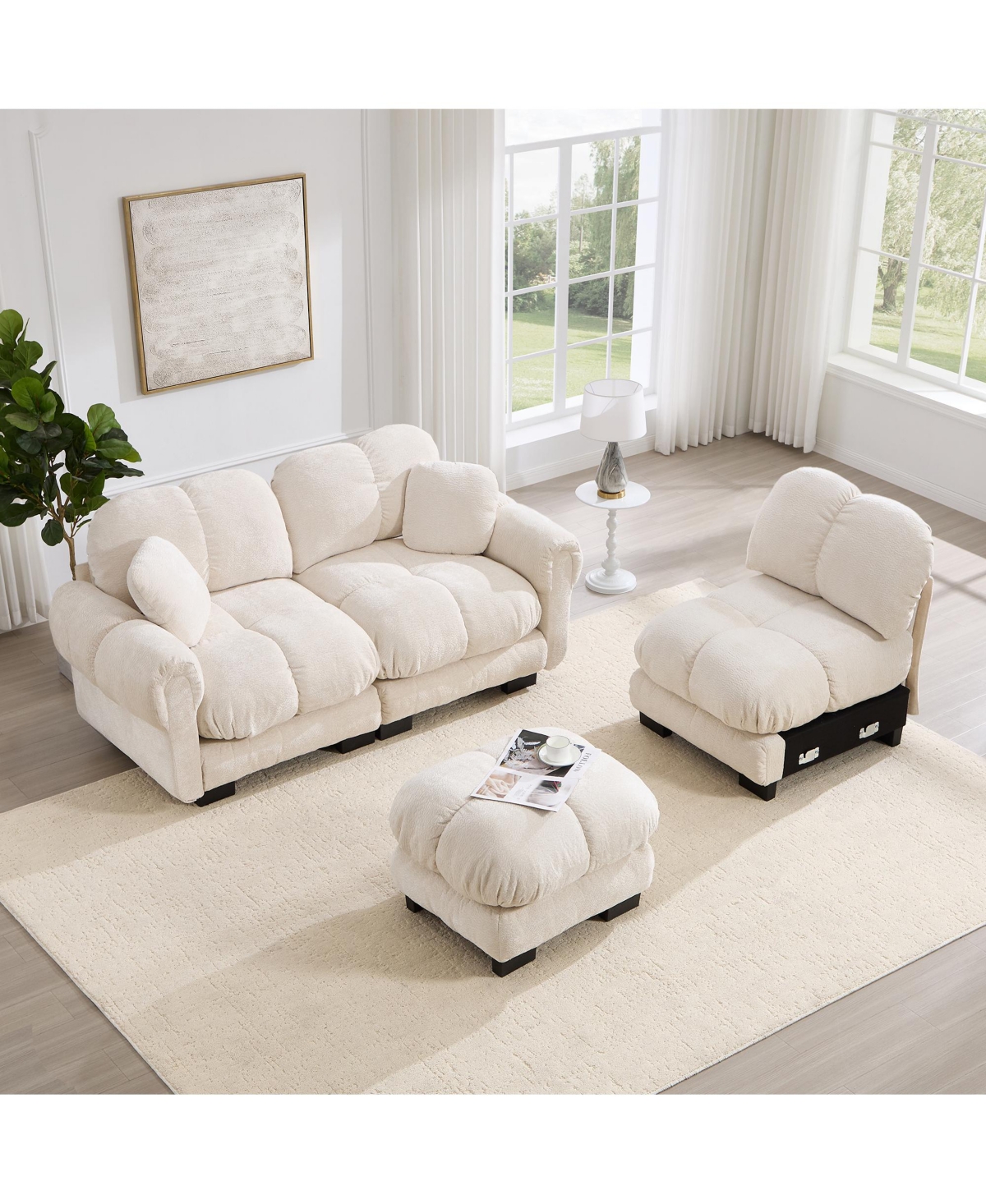 Boyel Living Oversize Chenille L-Shaped Sofa Deep Seat Couch with Movable Ottoman Exquisite Pillows and Quilted Back Cushions