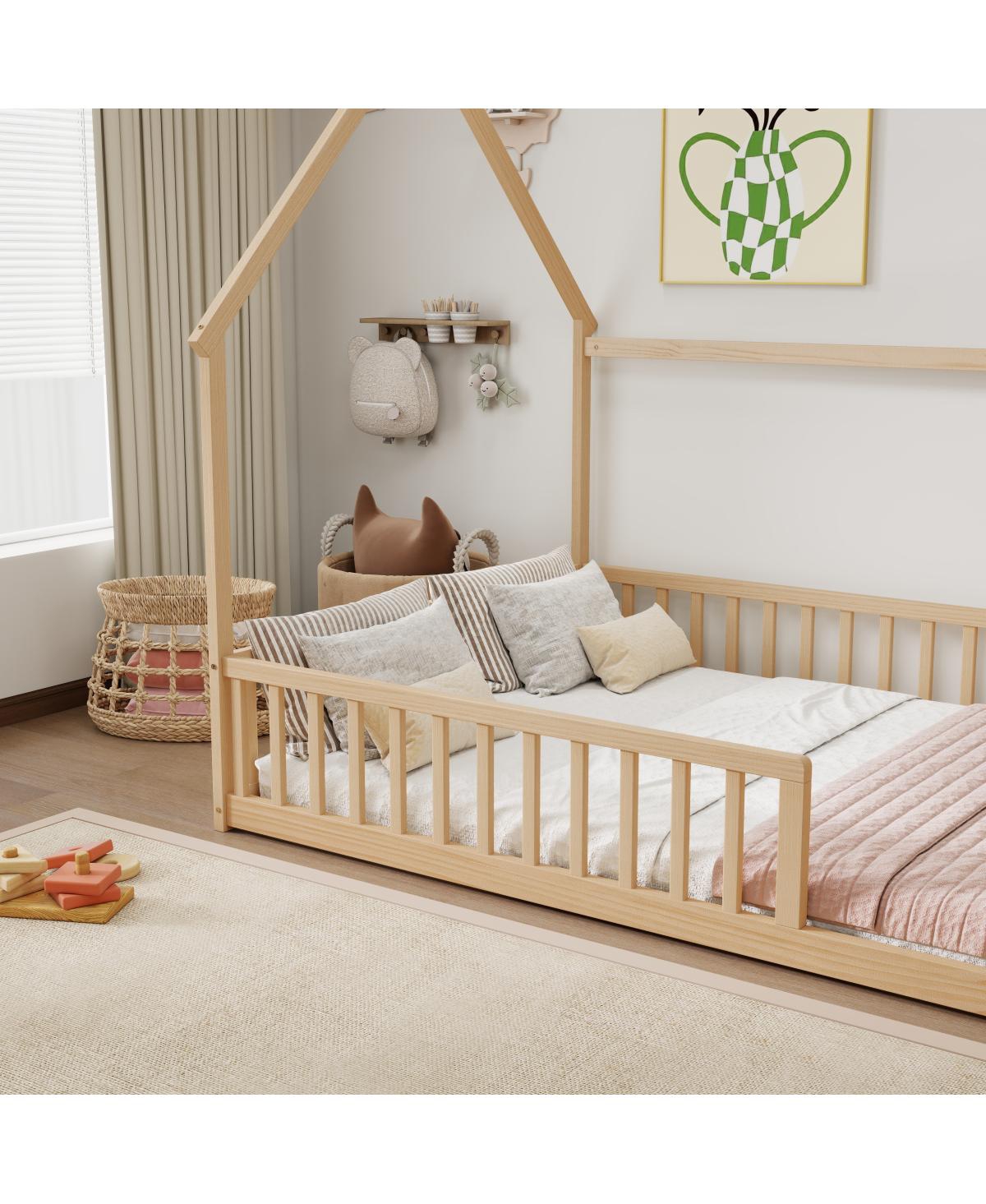 Streamdale Furniture Full Size House Floor Bed with Roof and Safety Guardrails