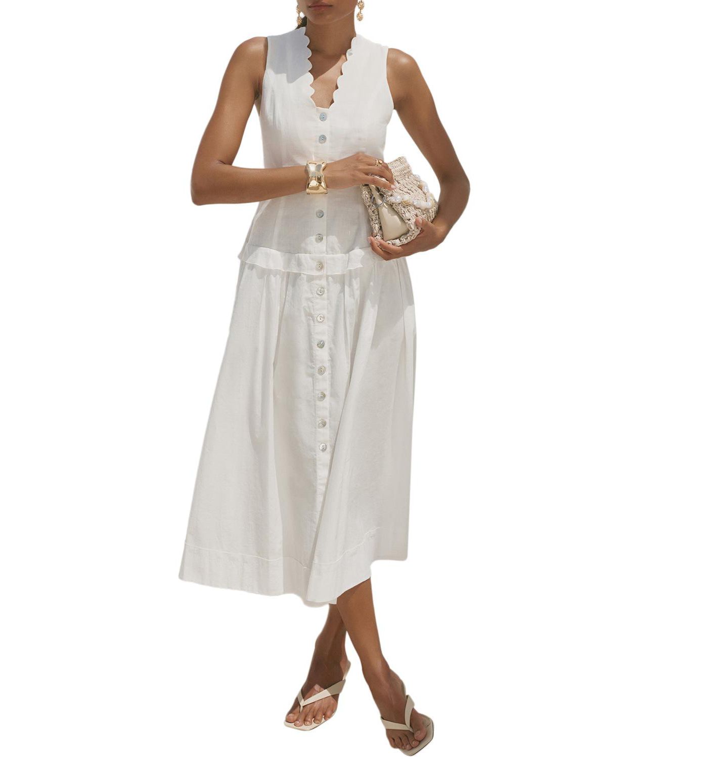 Женское платье Mint Velvet Scalloped Sleeveless Drop-Waist Ramie Maxi, цвет: Слоновая кость — фото 1