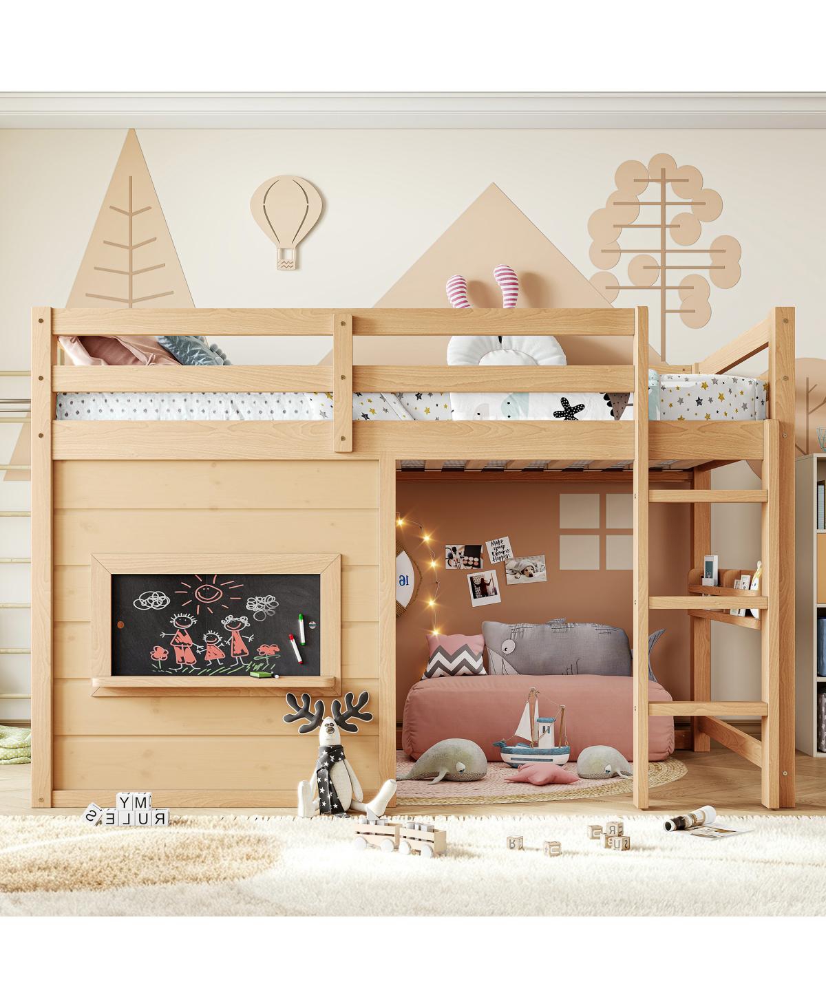 Streamdale Furniture Twin Loft Bed with Slide, Chalkboard and Bookshelf