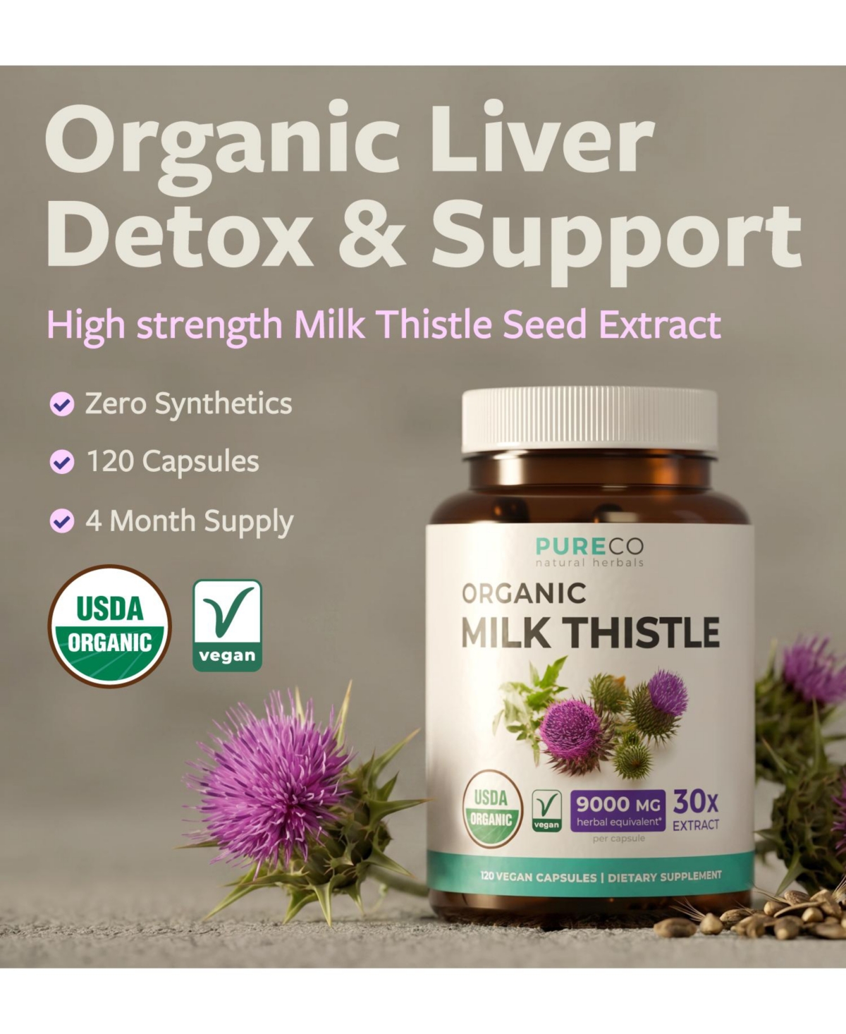 Pure Co Milk Thistle Extract Capsules, 30:1 Extract with 80 Percentage Silymarin, 300 Milligram, 120 Capsules