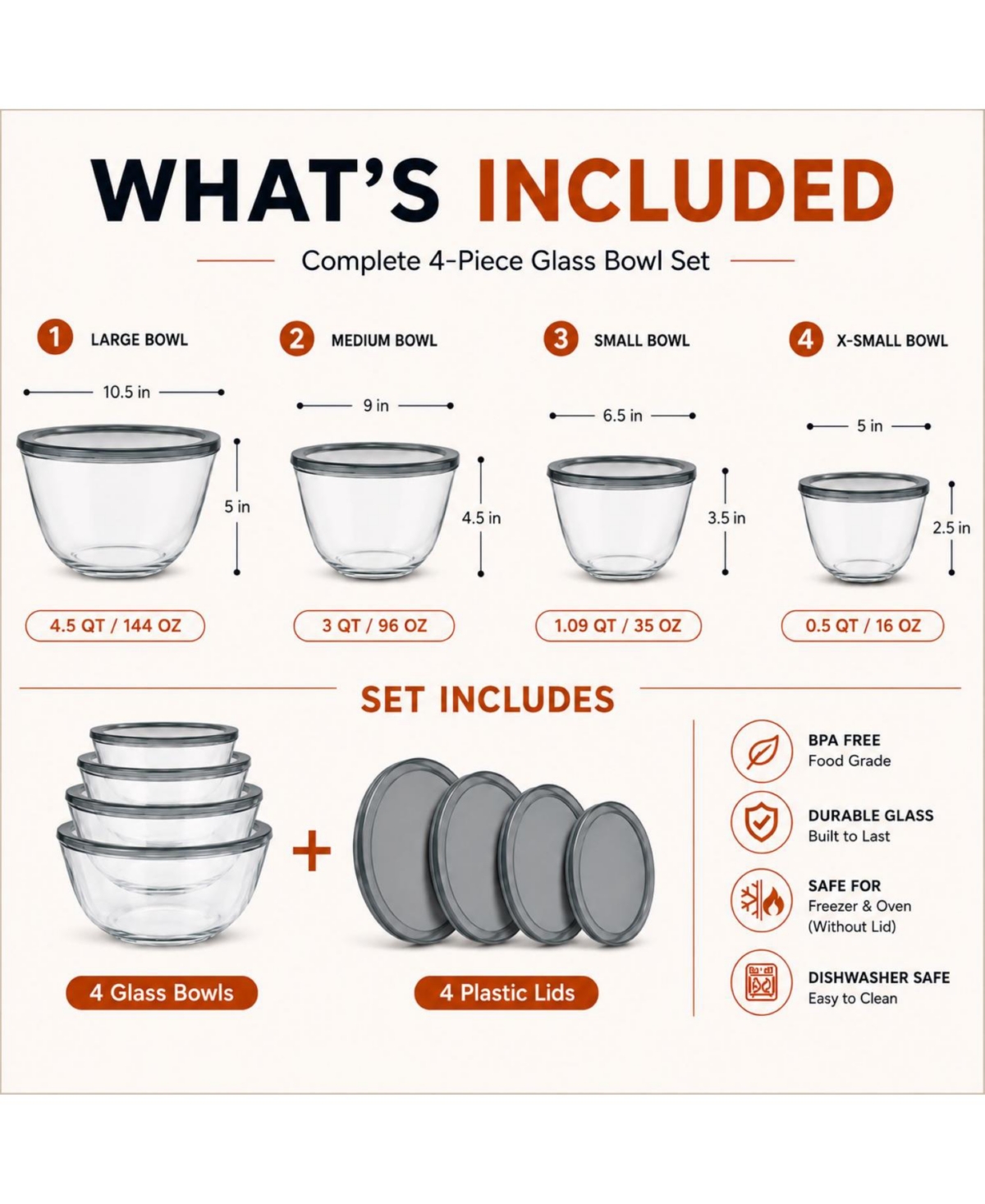 Sorbus 4-Piece Glass Bowl Set with Airtight Plastic Lids