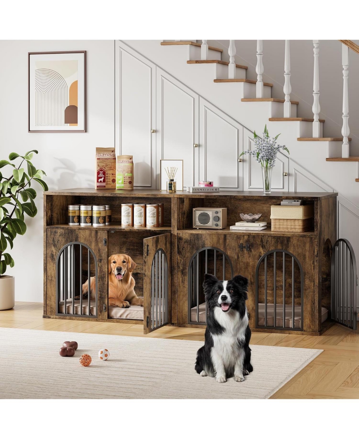 gaomon 78.7" Double Dog Crate Furniture, Dog Kennel with Storage | Wooden Dog Crate Tv Stand, Large Dog Kennel Furniture for 2 Medium/Large Dogs - Bro
