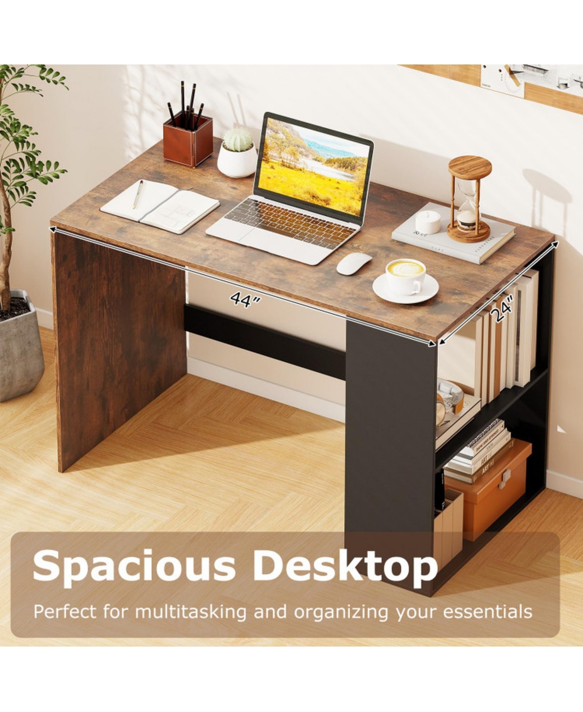 Gouun 44 Inch Wooden Computer Desk with 2-Tier Side Bookshelf