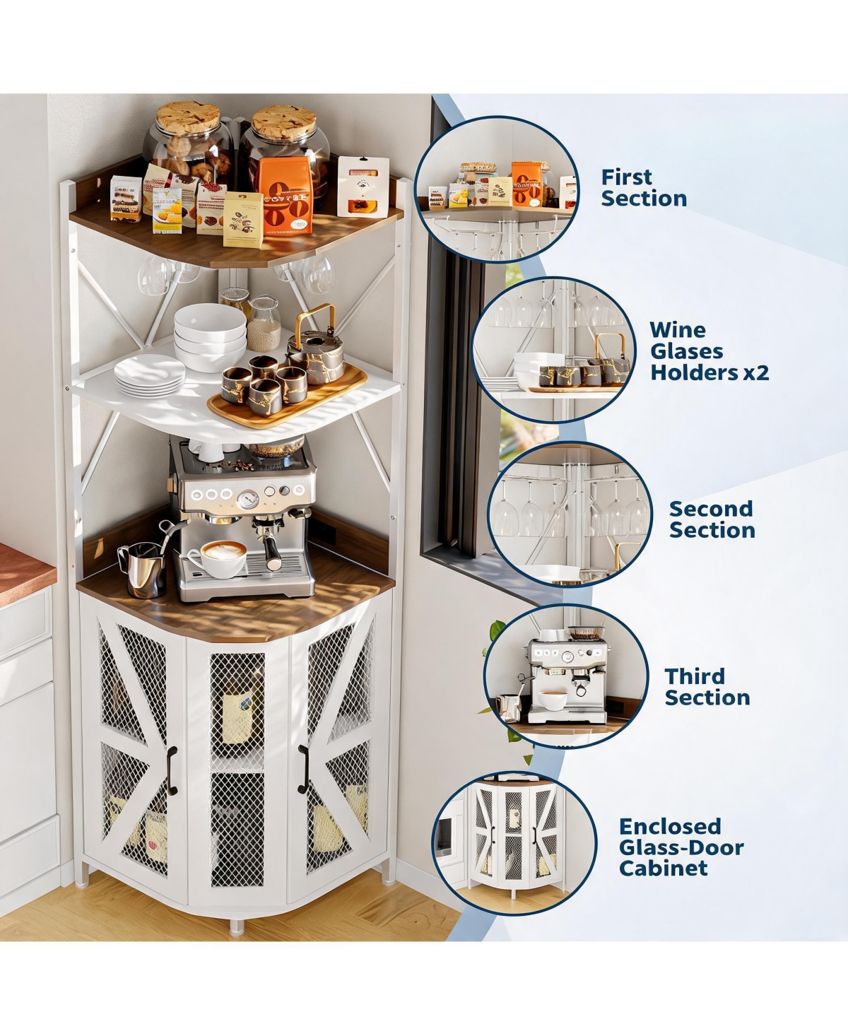homfan 4-Tiers Industrial Corner Wine Cabinet with Power Outlet, Led Strip and Glass Holder, Liquor Display Bar Unit for Small Home Space
