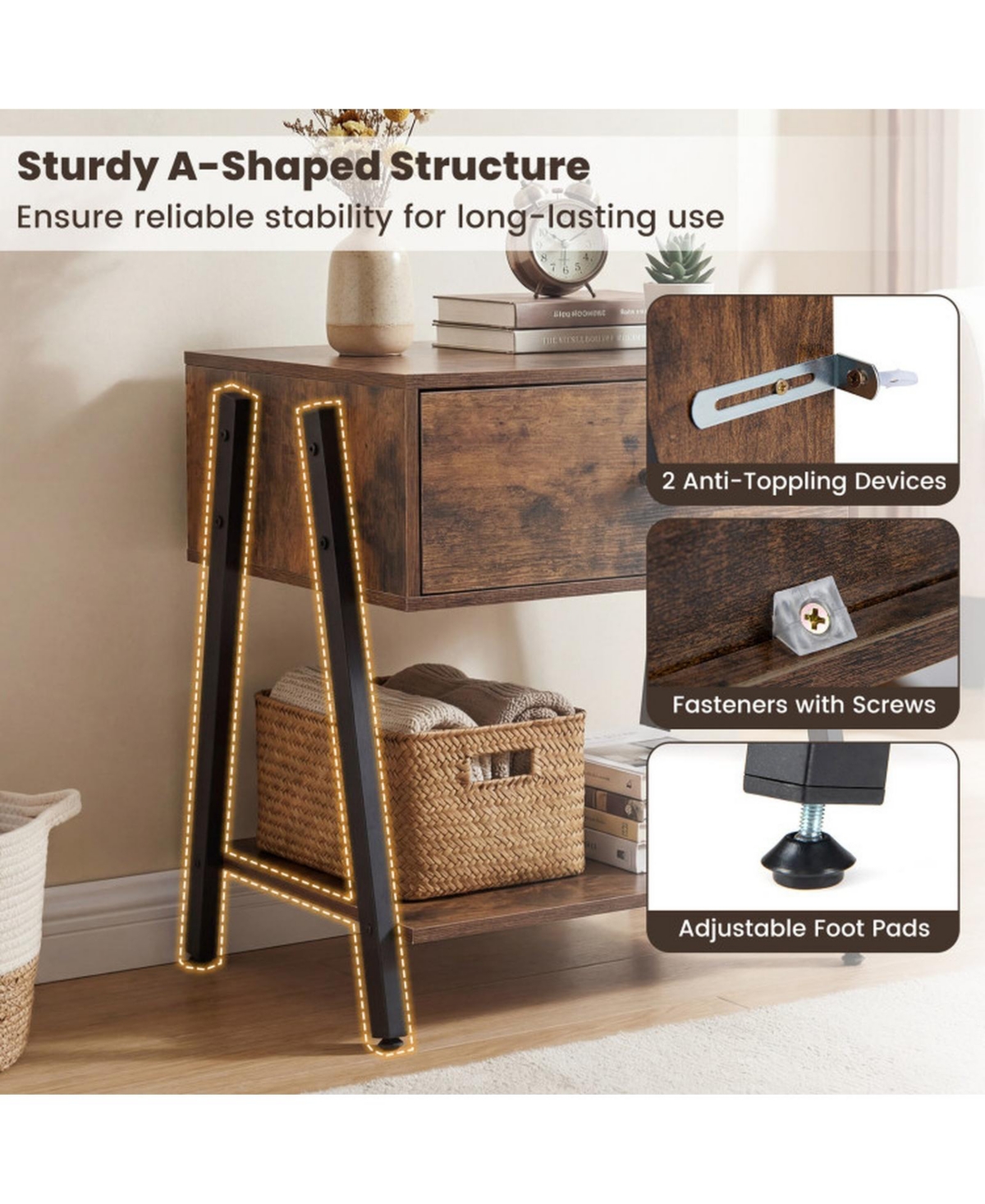 Gouun Industrial Nightstand with Wooden Drawer Open Shelf and Adjustable Foot Pads