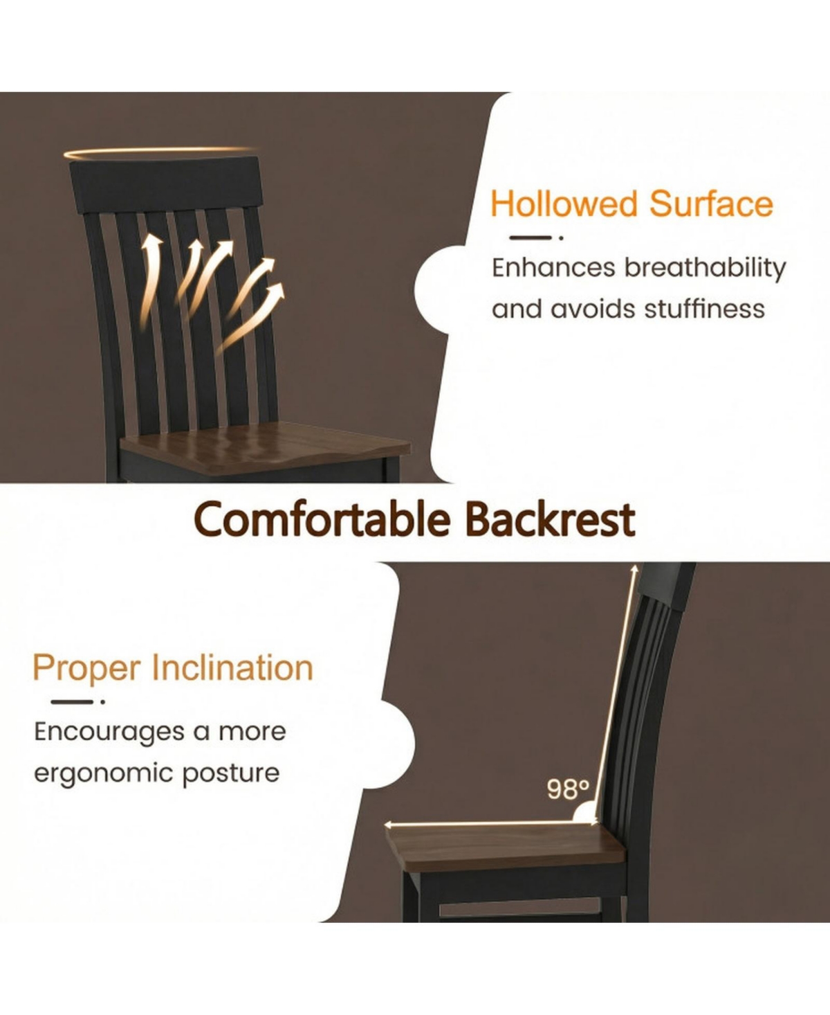 Gouun Set of 2 Armless Dining Chairs with Slatted High Backrests and Bentwood Frame
