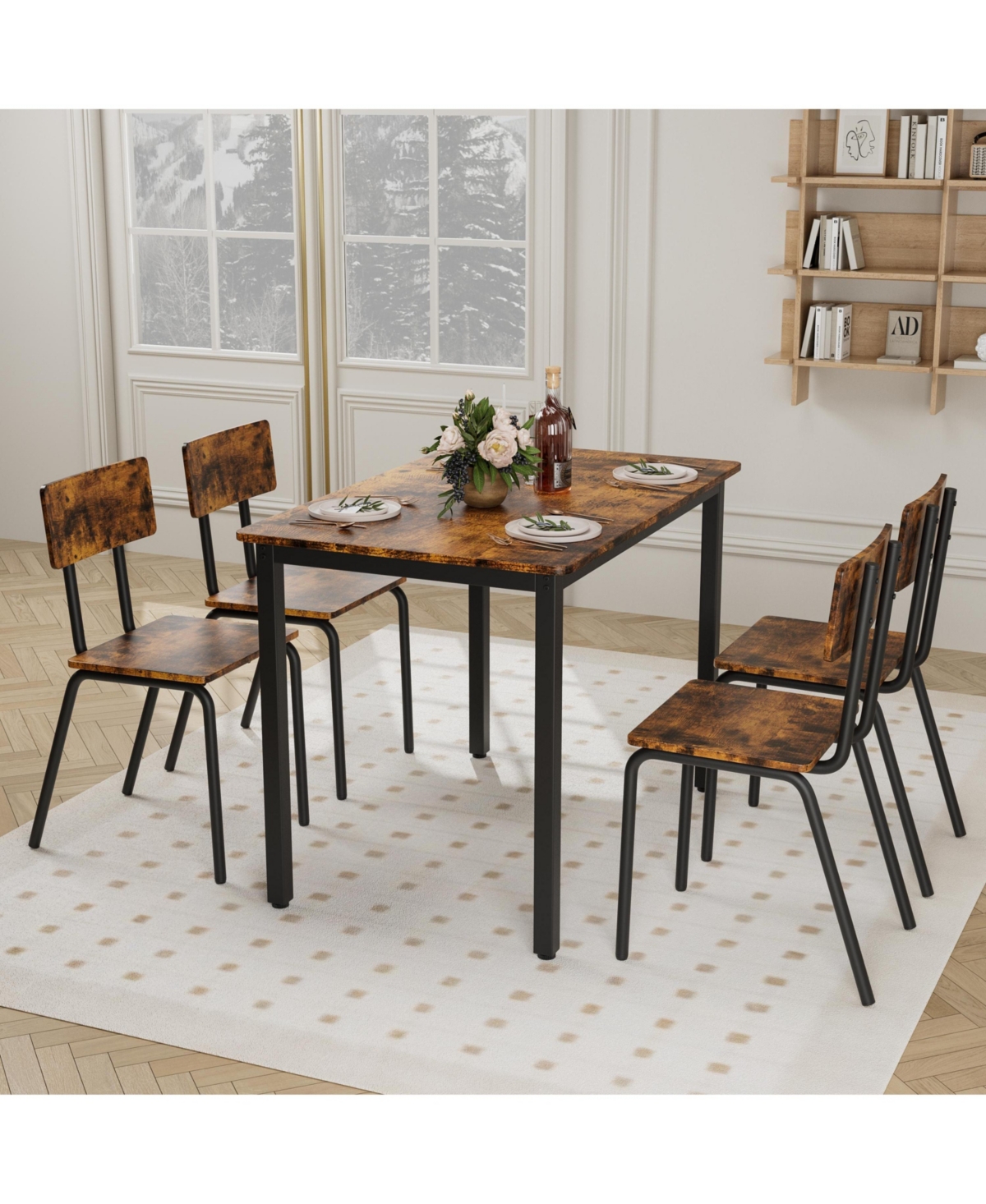 Flynama 5-Piece Dining Set, 43.3" Table and 4 Ergonomic Chairs