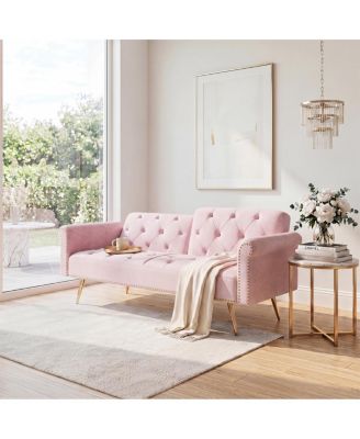 Velvet Convertible Sofa Bed with Gold Metal Legs