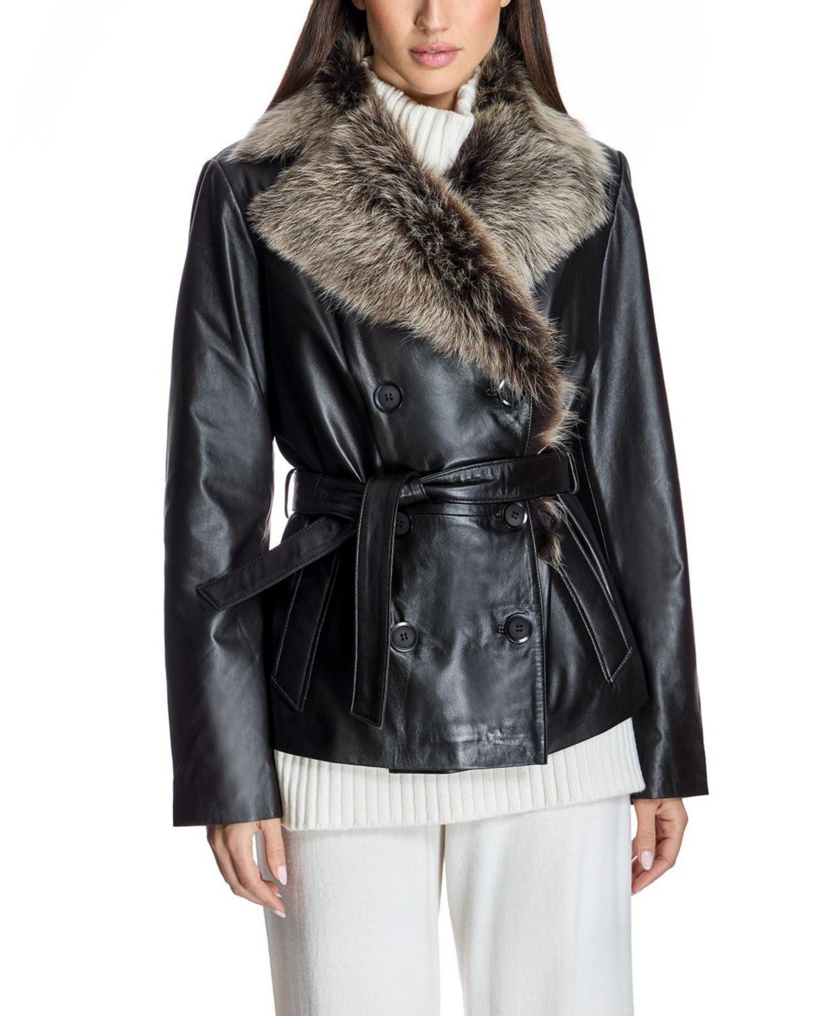 Julia & Stella By Maximilian Women's Belted Leather Jacket with Toscana Lamb Collar