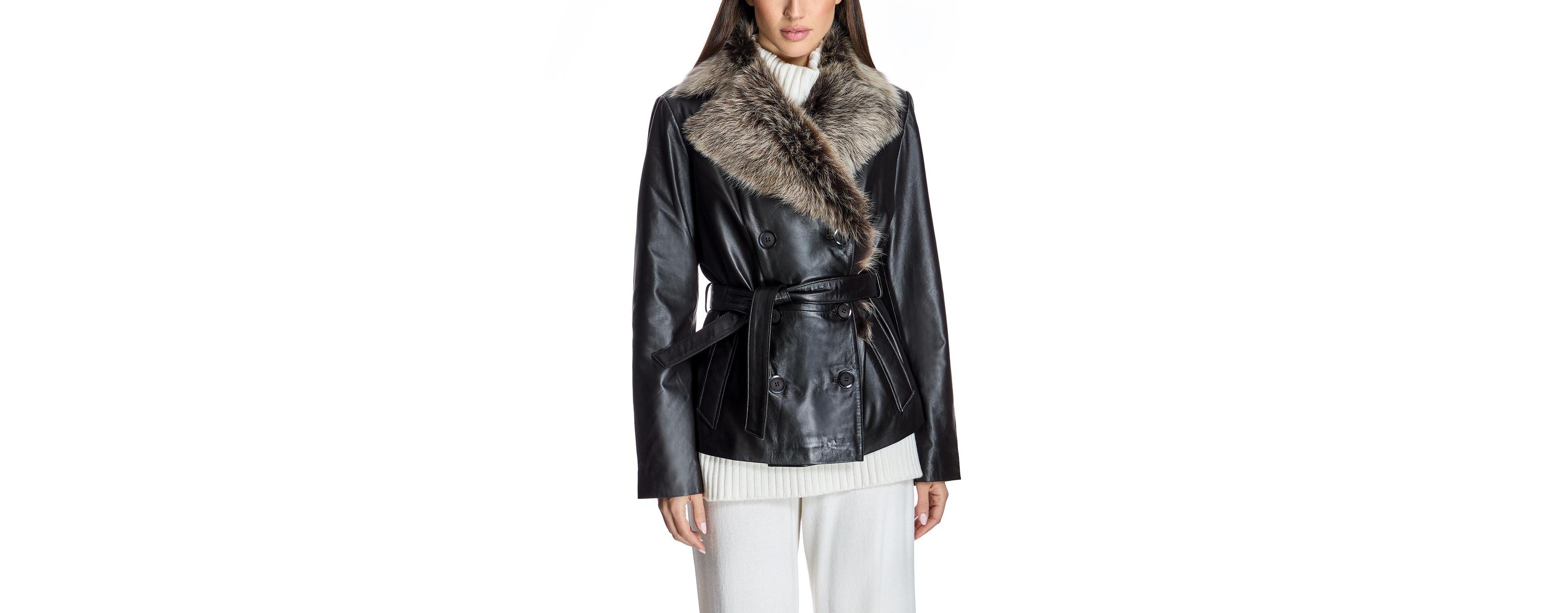 Julia & Stella By Maximilian Women's Belted Leather Jacket with Toscana Lamb Collar