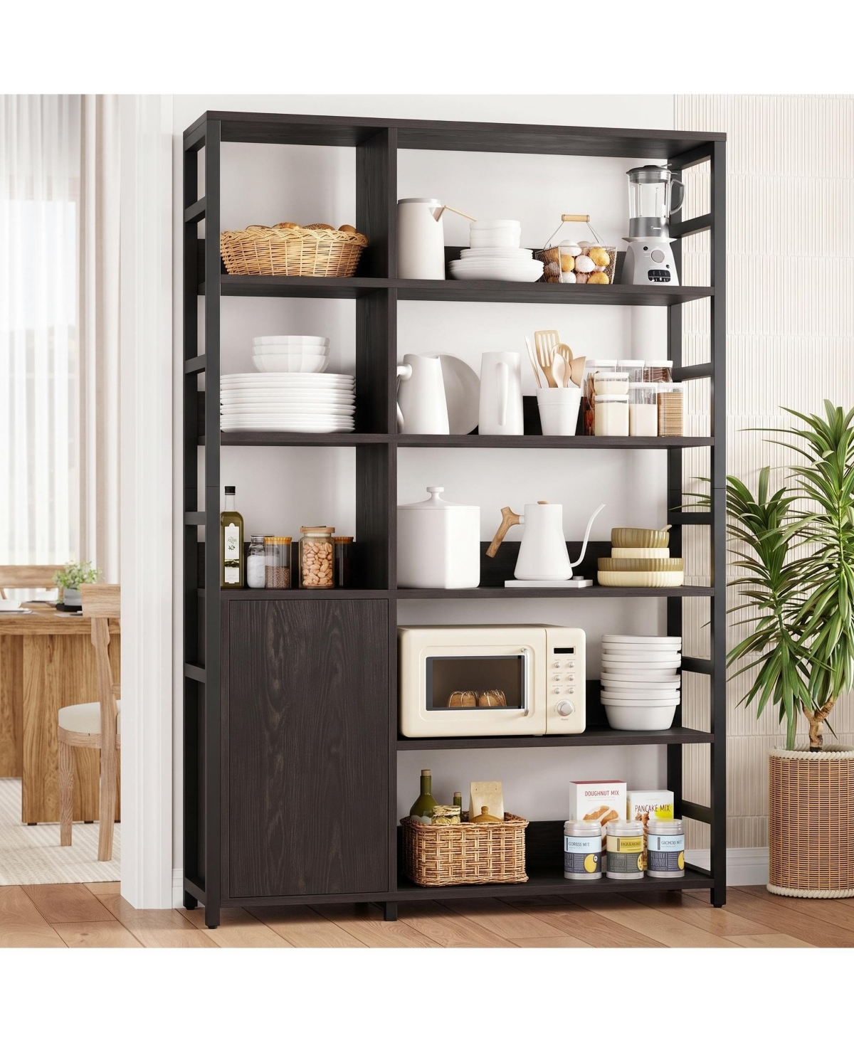 homfan 5 Tier Bookshelf with Doors, 71.1" Industrial Standing Shelf with Metal Frame, Bookcase with Adjustable Shelf and Rails for Living Room, Office