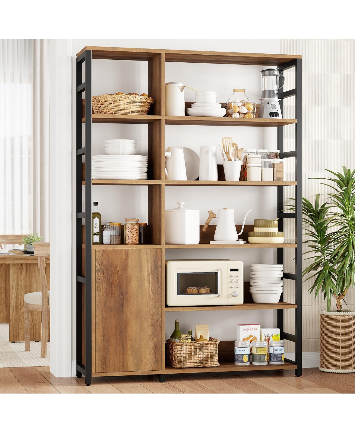 homfan 5 Tier Bookshelf with Doors, 71.1" Industrial Standing Shelf with Metal Frame, Bookcase with Adjustable Shelf and Rails for Living Room, Office