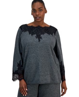 Plus Size Boat-Neck Lace-Trim Bracelet-Length Sleeves Sweater