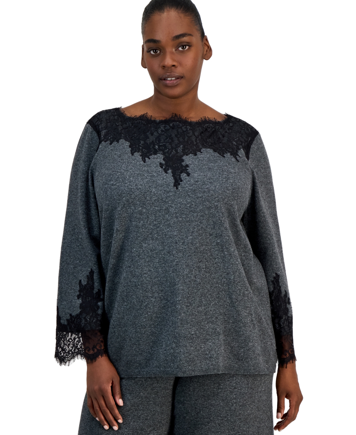 Anne Klein Plus Size Boat-Neck Lace-Trim Bracelet-Length Sleeves Sweater - Charcoal Grey/Anne Black