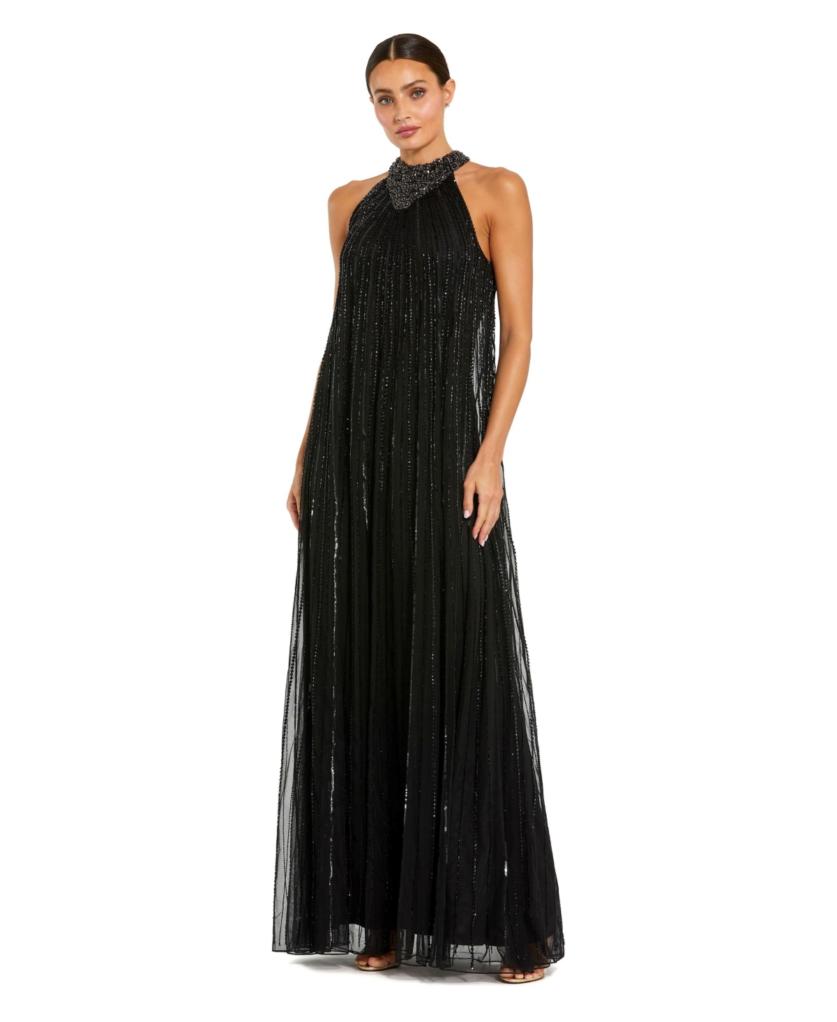 Mac Duggal - Black Sleeveless Halter Embellished Trapeze Gown - US 4