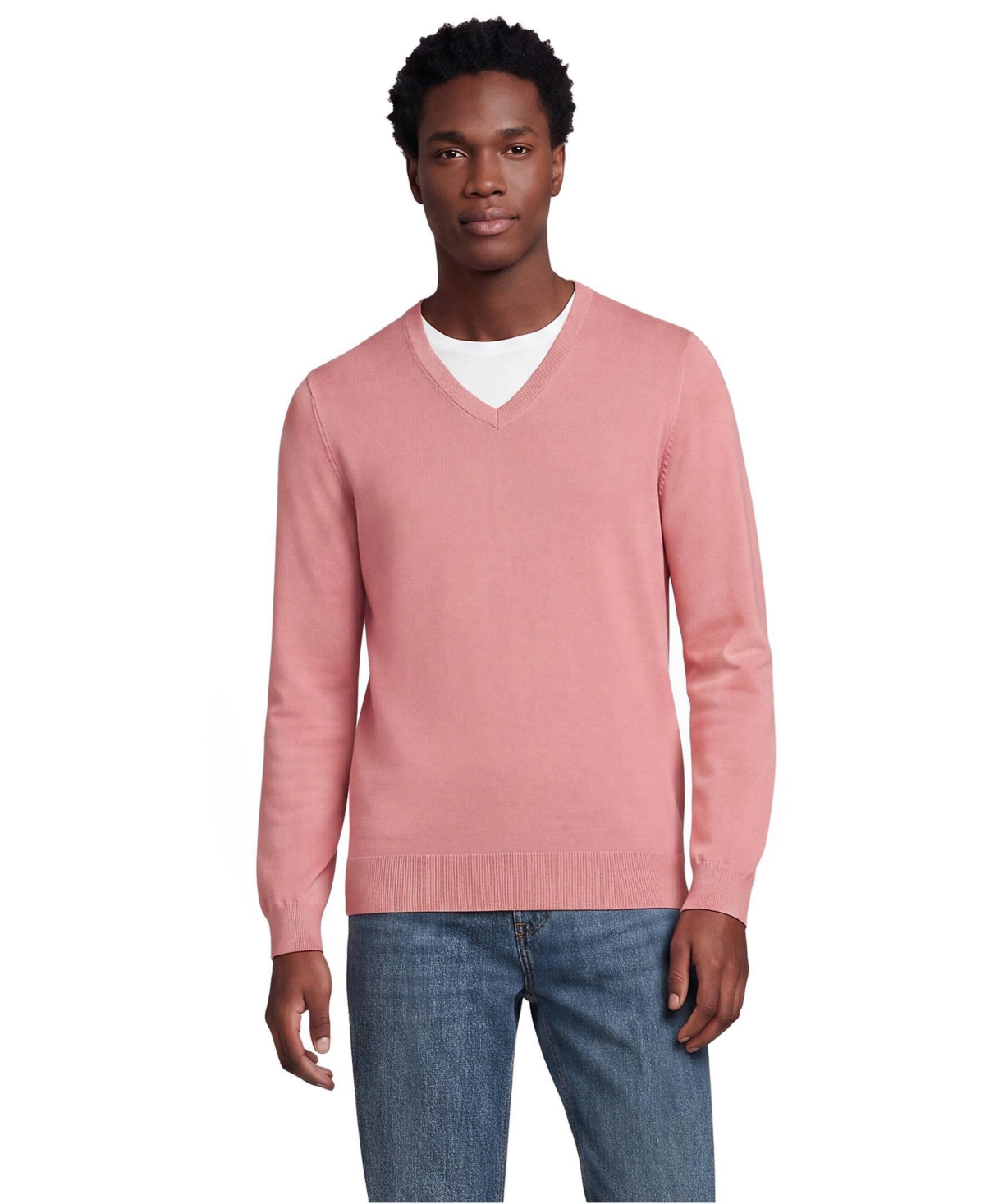 Lands' End Men's Fine Gauge Cotton V Neck Sweater - Vintage mauve